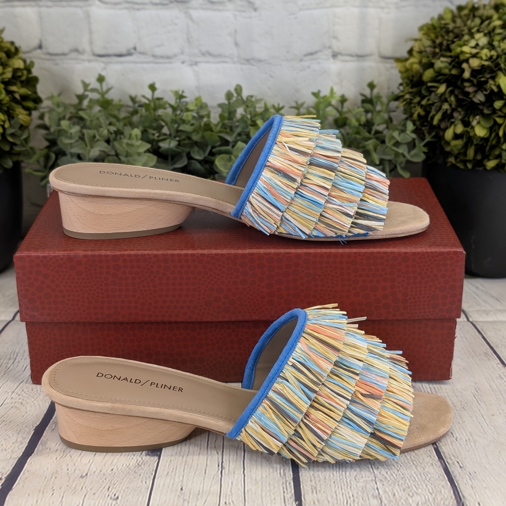 DONALD PLINER Reise Raffia Fringe Slides Mules Sandals In Blue Multi